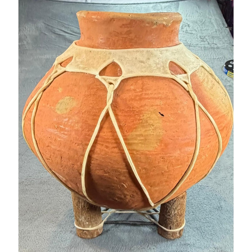 Vintage Mexican Terracotta Tripod Pot Rawhide Wrap Wooden Legs Rustic Folk Art - Picture 3 of 12